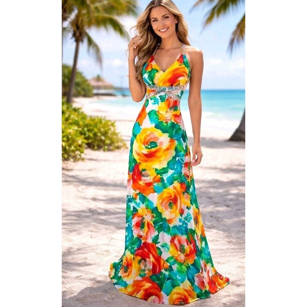 Morgan & Co Maxi Dress Bright Floral M Criss Cross Back Sequin Bead Formal Dress